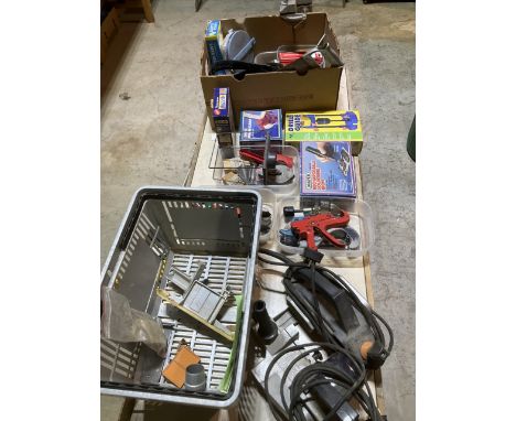 One crate and one cardboard box containing a large collection of workshop equipment a Metabo power planer and ELU power plane