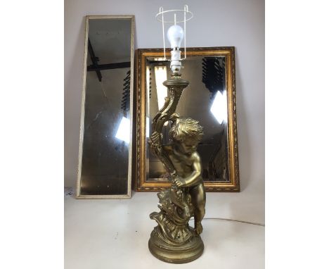 A large gilt plaster cherub lamp base also with five vintage style mirrors H:70cm height to base of lamp holder 