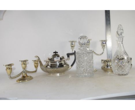 SILVER PLATED TEA POT, SUGAR BOWL, MILK JUG, SILVER PLATED CANDELABRA AND TWO CUT GLASS DECANTERS