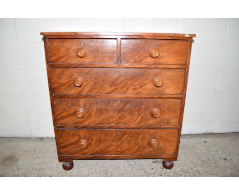 VICTORIAN FLAME MAHOGANY CHEST OF TWO SHORT OVER THREE LONG DRAWERS, RAISED ON BUN FEET, WIDTH APPROX 93CM