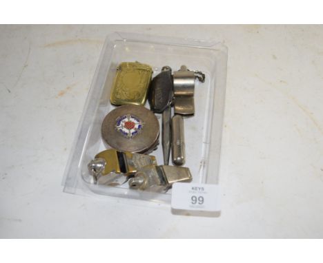 SMALL TRAY CONTAINING THREE WHISTLES TOGETHER WITH BRASS VESTA CASE AND A CIRCULAR BOX WITH ENAMEL MOUNT FOR THE MAYOR'S LODG