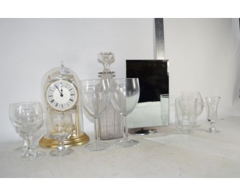 GLASS WARES AND MANTEL CLOCK IN GLASS DOME