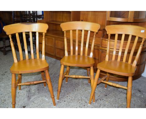 SET OF THREE MATCHING MODERN STICK BACK KITCHEN CHAIRS, EACH HEIGHT APPROX 90CM