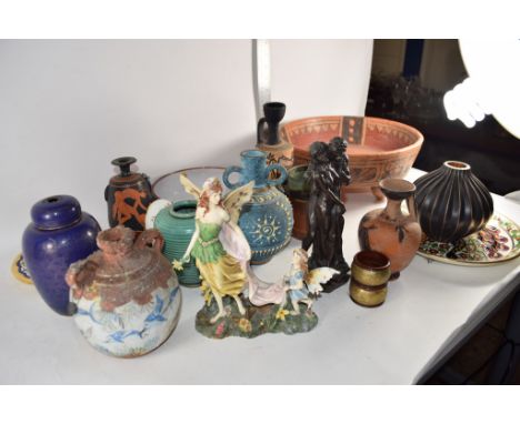 CERAMIC ITEMS INCLUDING A TERRACOTTA GREEK STYLE VASE, METAL CLOISONNE TYPE VASE AND COVER ETC