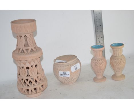 FOUR CERAMIC ITEMS INCLUDING PAIR OF VASES AND FURTHER BOWL AND ASHTRAY