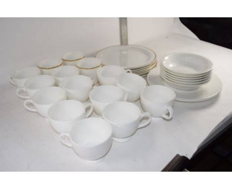 BOX CONTAINING WHITE GLAZED CHINA CUPS AND SAUCERS WITH SIDE PLATES