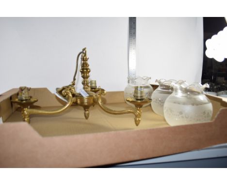 BRASS LIGHT FITTING WITH THREE SCONCES AND THREE GLASS SHADES