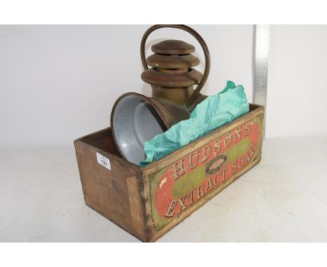 BOX CONTAINING OLD METAL RAILWAY LAMP
