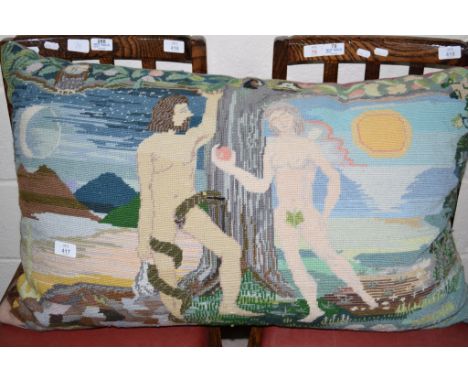 LARGE DECORATIVE CUSHION OR PILLAR DEPICTING ADAM AND EVE, APPROX 75 X 48CM
