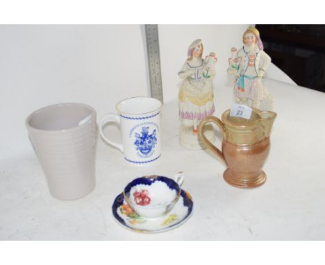 CERAMIC WARES INCLUDING TWO CHINA FIGURES, SMALL POTTERY JUG ETC