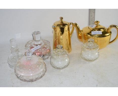 GLASS DISHES AND COVERS AND ROYAL WORCESTER GOLD COLOURED PORCELAIN TEA POT AND MILK JUG