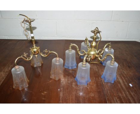 TWO SIMILAR BRASS CANDELABRA STYLE LAMP FITTINGS WITH ETCHED GLASS SHADES, THE LARGER WIDTH APPROX 43CM