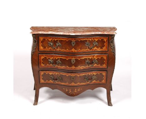 A French style inlaid commode with marble top, 101cm across, 52cm deep, 85cm high
