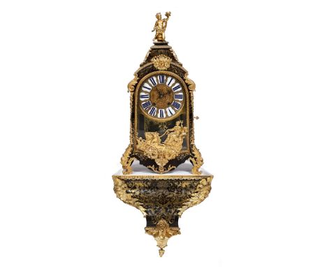 A French Boulle bracket clock the cast gilt brass dial with blue and white enamel Roman chapters, the movement with outside c