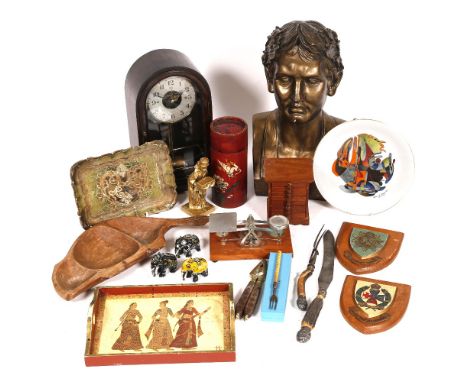 A group of pieces to include a plaster bust, a clock and other items