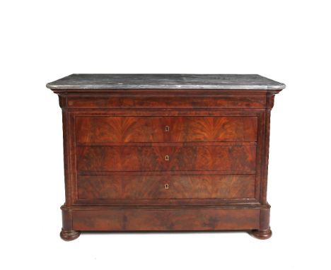 A 19th Century French marble top commode in the Empire style, with three drawers to the front, on bun feet, 98cm high x 132cm