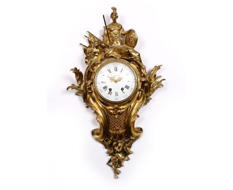 A 19th Century ormolu cartel clock with convex white enamel Roman dial, signed E Schmoll, Paris, the square plate Vincenti mo