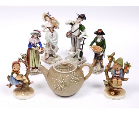 Two Hummel figures four Sitzedorf porcelain figures and a Japanese Banko ware teapot