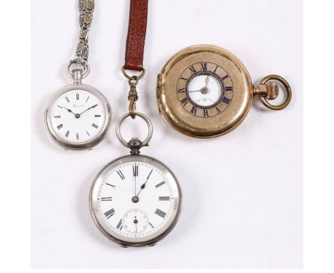 A collection of three pocket watches including a gold plated Half Hunter example, a further pocket watch with enamel dial sta