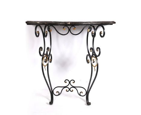 A marble top console table with wrought iron base, 78.5cm across