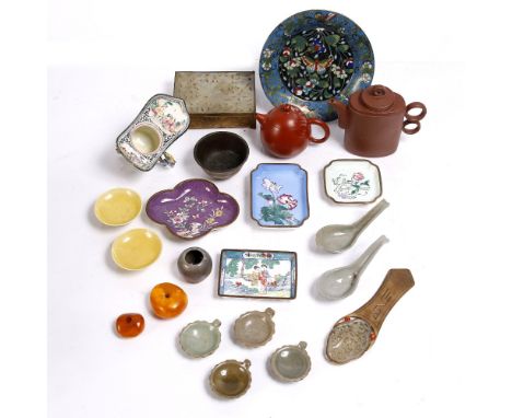 A group of Chinese pieces to include a cloisonne dish, jade, Yixing ,enamel and amber