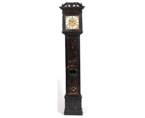 A late 17th Century eight day longcase clock the 10" square brass dial with silvered Roman chapter ring, stylised sword hilt 