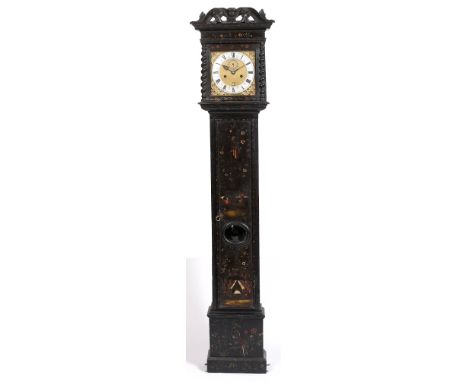 A late 17th Century eight day longcase clock the 10" square brass dial with silvered Roman chapter ring, stylised sword hilt 