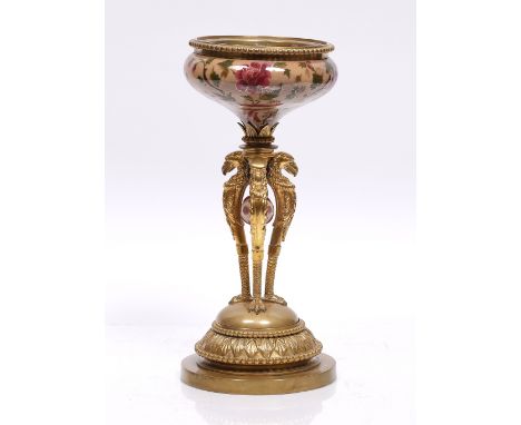 A Victorian gilt metal and porcelain oil lamp base 37cm high