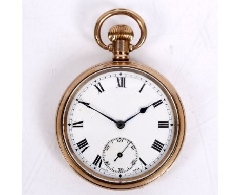 A gold plated pocket watch with top wind mechanism, enamel dial and presentation inscription