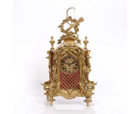 A French mantel clock with Roman dial, Vincenti drum movement with outside count wheel bell strike, the gilt metal case with 