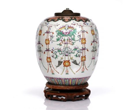 A Chinese famille rose large ginger jar 19th Century, with ruyi border and bands of antique symbols, converted to a table lam