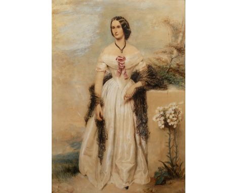 Circle of George Richmond (1809-1896) full length portrait of a lady in a white dress within a garden, watercolour, 59cm x 40