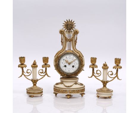 A late 19th Century French mantel clock with convex white enamel Arabic dial decorated with floral swags, Vincenti movement w