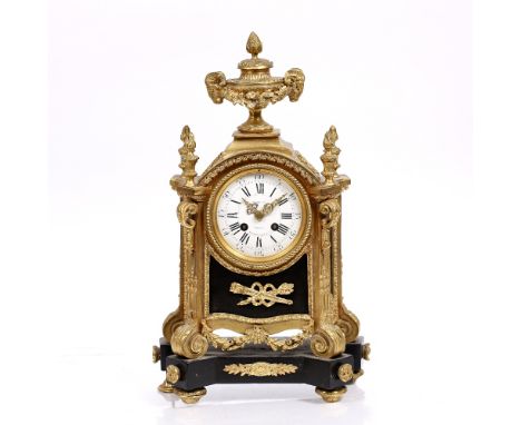 A 19th Century French mantel clock with white enamel Roman dial, the Japy drum movement with outside count wheel bell strike,