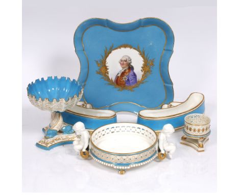 A pair of Minton curved flower holders 24cm, continental dish 28cm, Royal Worcester small vase and shell stand and a Minton c