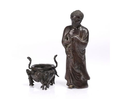 A Chinese bronze censer 19th Century  with figure supports, 10cm and a South East Asian bronze figure, 25cm