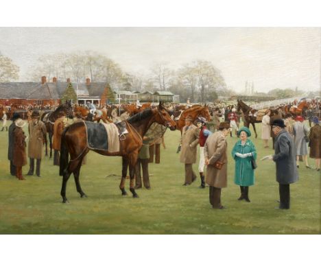 Ruth Gibbons (British 20th Century) the 25th Whitbread Gold Cup, Sandown Park 1981, showing the winner 'Diamond Edge', signed
