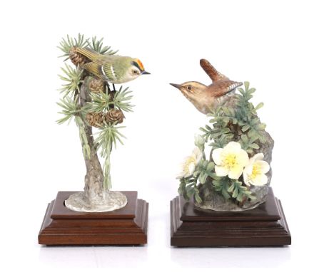 A Royal Worcester model 'Gold Crest' modelled by Doughty on a wood stand and 'Wren and Burnet Rose' (2)