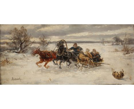 L. Andre Jeff (19/20th Century) pair of Russian snow scapes showing hunting, both signed, oils on board, 14cm x 30cm