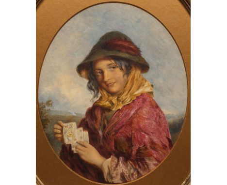 Attributed to Octavius Oakley (1800-1867) portrait of a gypsy girl playing cards, watercolour, 35cm x 29cm