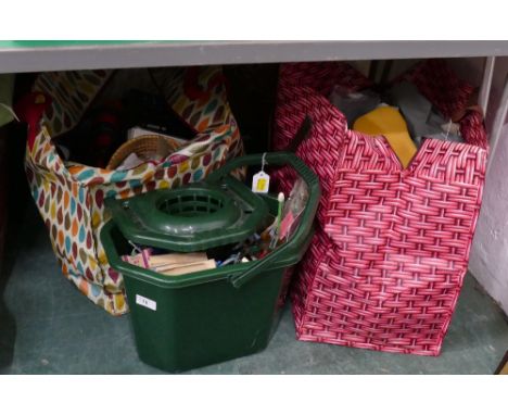 2 bags and bucket of household items - tools, screwdrivers, phones etc