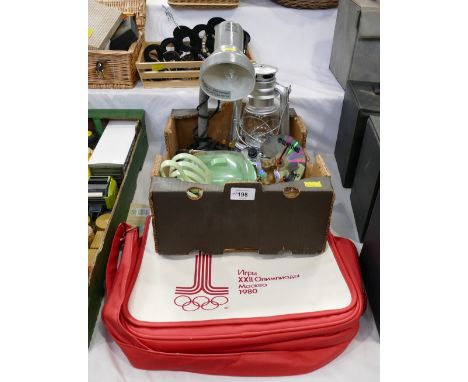 Russian Olympic bag 1980 and box of vintage badges, toast racks, butter dish, desk top lamp storm lantern etc