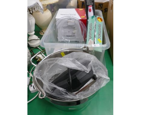 Tower toastie maker, metal jam pan, slow cooker, stick blender, weighing scales etc