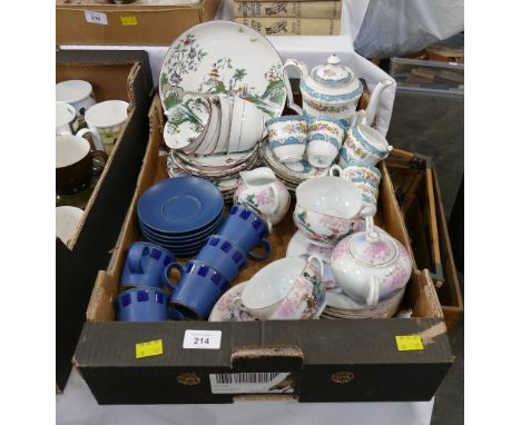 Box of part tea and coffee sets - vintage Royal Worcester oriental scenes and Crown Staffordshire blue floral pink eggshell s