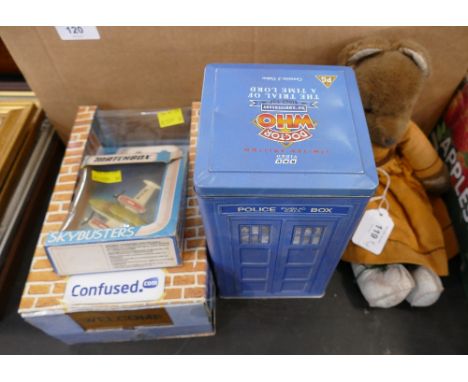 Dr Who video tin set, Confused Dot Com robot, Matchbox Skybusters plane and mouse Teddy