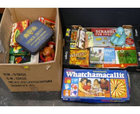 Two boxes of vintage children's games, books, toys etc