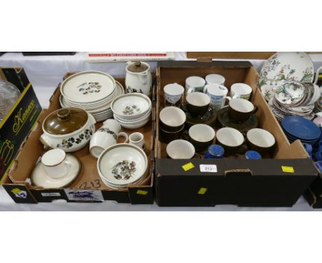 2 boxes of pottery - Denby Clover pattern part dinner set, Denby green cups and saucers, Bird Watch mugs etc