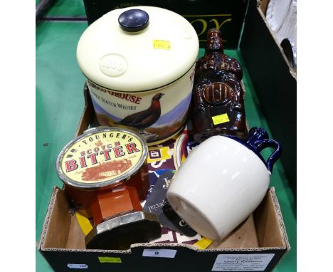 Box of Breweriana - Famous Grouse ice bucket, Scotch Bitter, bar pump, beermats etc