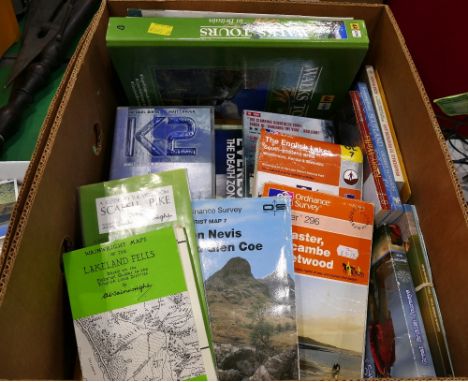 Box of walking related books and DVD's - Wainwright maps of Lakeland Fells, Ordnance survey etc