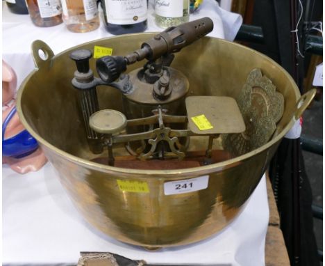 Brass jam pan, blow torch postal scales etc
